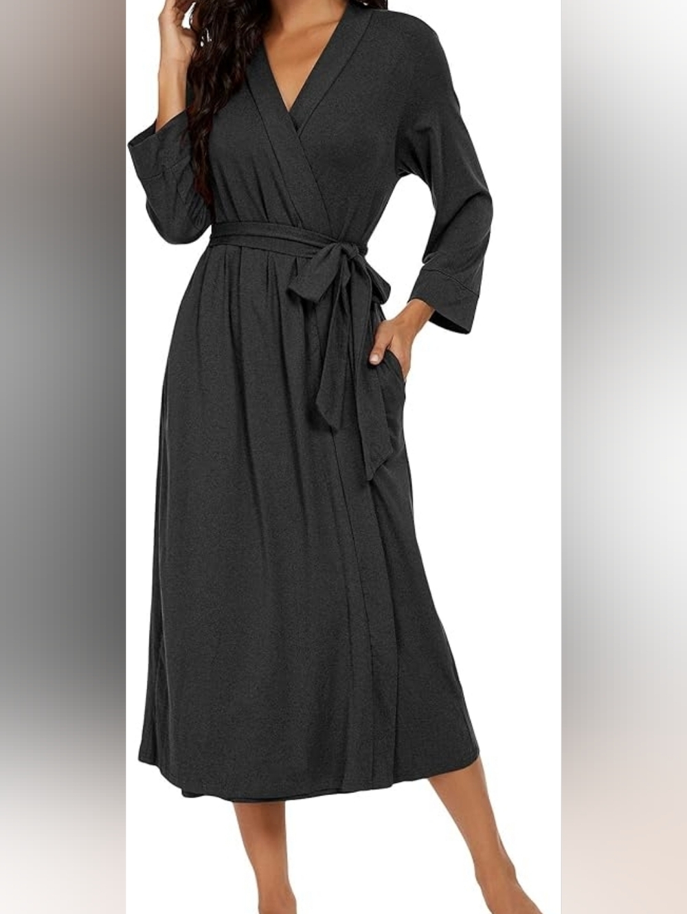 Women Kimono Robe Long Knit Bathrobe Lightweight Sleepwear Gray, Large